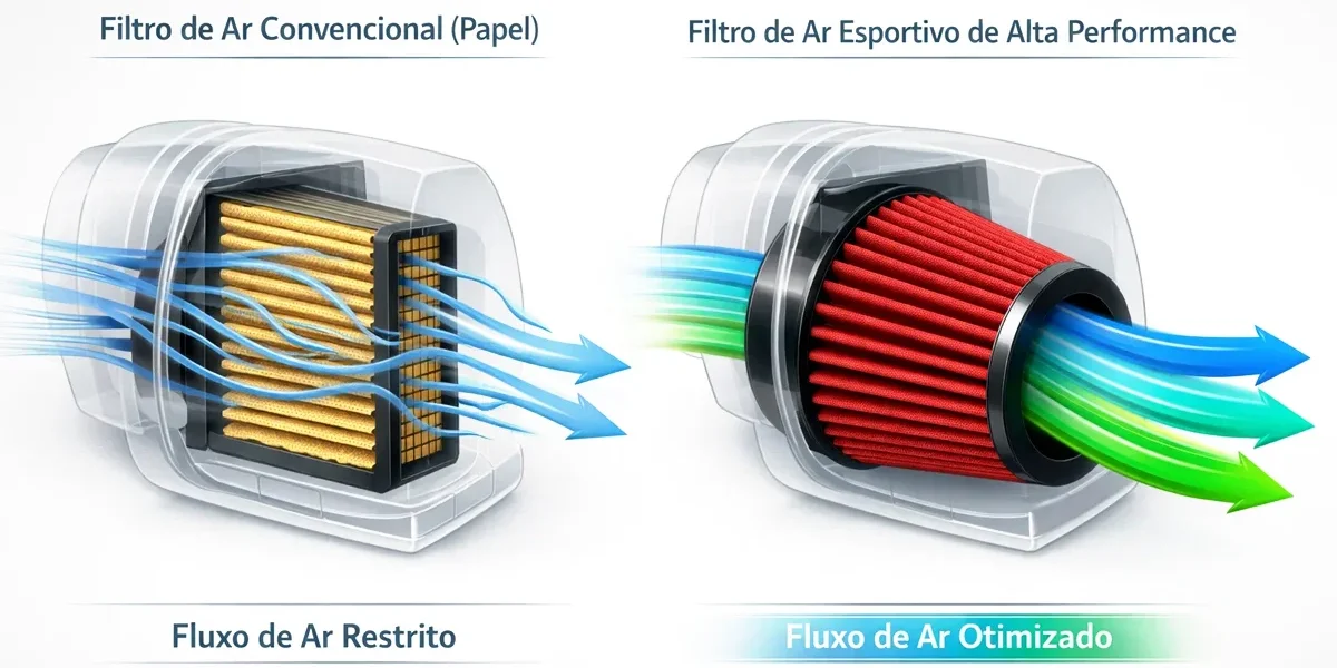 Gráfico comparativo mostrando o fluxo de ar entre um filtro de papel convencional e um filtro de ar esportivo de alta performance.