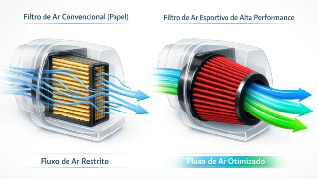 Gráfico comparativo mostrando o fluxo de ar entre um filtro de papel convencional e um filtro de ar esportivo de alta performance.