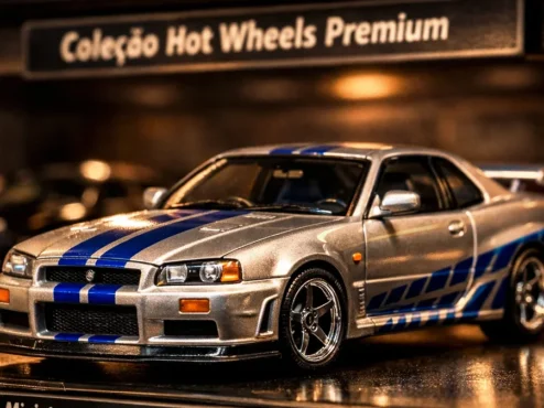 guia-inicio-colecao-hot-wheels-premium Close-up de uma miniatura Hot Wheels da linha Premium com rodas de borracha e pintura detalhada em uma estante de colecionador.