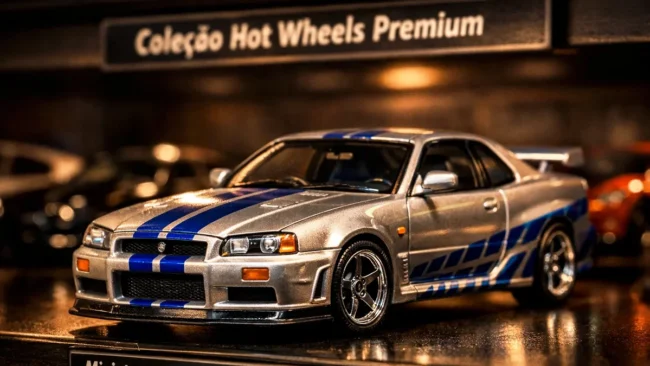Close-up de uma miniatura Hot Wheels da linha Premium com rodas de borracha e pintura detalhada em uma estante de colecionador.