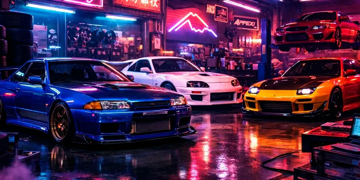 Carros esportivos japoneses dos anos 90 preparados em uma oficina noturna com iluminação neon e estilo retro.