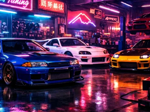 preparacao-automotiva-anos-90-jdm-legends Carros esportivos japoneses dos anos 90 preparados em uma oficina noturna com iluminação neon e estilo retro.