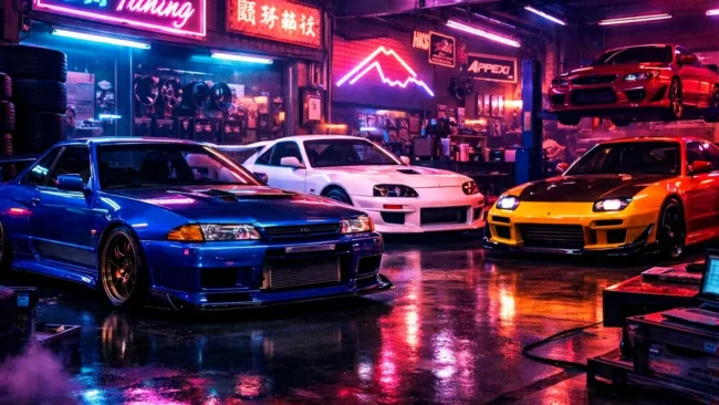 Carros esportivos japoneses dos anos 90 preparados em uma oficina noturna com iluminação neon e estilo retro.