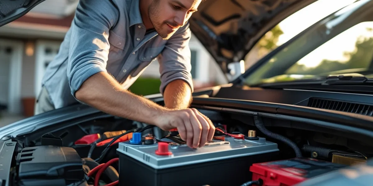 bateria-carro-cuidado-manutencao Uma bateria automotiva em destaque, com ferramentas de manutenção ao lado e um plano de fundo que sugere um capô de carro aberto, simbolizando o cuidado e a manutenção preventiva para evitar panes inesperadas.