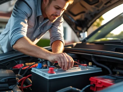 bateria-carro-cuidado-manutencao Uma bateria automotiva em destaque, com ferramentas de manutenção ao lado e um plano de fundo que sugere um capô de carro aberto, simbolizando o cuidado e a manutenção preventiva para evitar panes inesperadas.