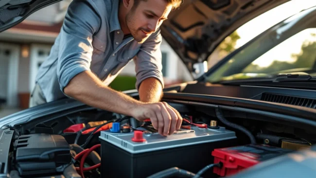 bateria-carro-cuidado-manutencao Uma bateria automotiva em destaque, com ferramentas de manutenção ao lado e um plano de fundo que sugere um capô de carro aberto, simbolizando o cuidado e a manutenção preventiva para evitar panes inesperadas.