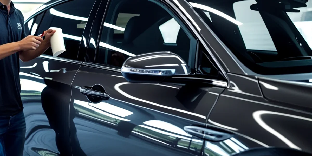 Um carro moderno com vidros escurecidos por insulfilm, destacando o visual elegante e a proteção solar oferecida pela película.