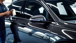 Um carro moderno com vidros escurecidos por insulfilm, destacando o visual elegante e a proteção solar oferecida pela película.