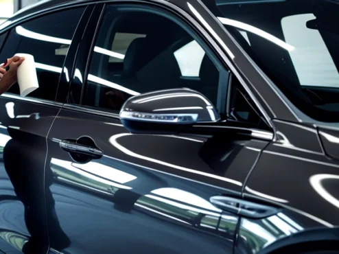 carro-com-insulfilm-estilo-e-protecao Um carro moderno com vidros escurecidos por insulfilm, destacando o visual elegante e a proteção solar oferecida pela película.