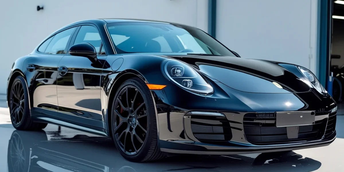 carro-detalhado-brilho-impecavel Um carro preto recém-detalhado, com a pintura espelhada e brilhante, refletindo a luz como um veículo zero quilômetro.