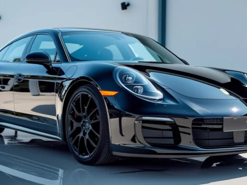 carro-detalhado-brilho-impecavel Um carro preto recém-detalhado, com a pintura espelhada e brilhante, refletindo a luz como um veículo zero quilômetro.