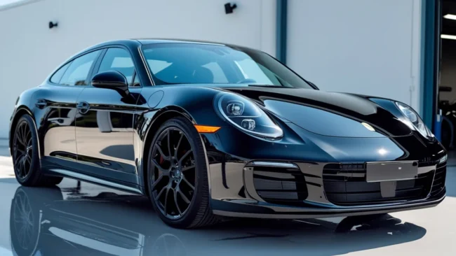 carro-detalhado-brilho-impecavel Um carro preto recém-detalhado, com a pintura espelhada e brilhante, refletindo a luz como um veículo zero quilômetro.