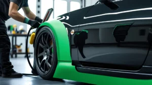 Profissional especializado aplicando cuidadosamente uma película de envelopamento automotivo de cor vibrante em um carro esportivo, mostrando o processo de transformação e customização do veículo.