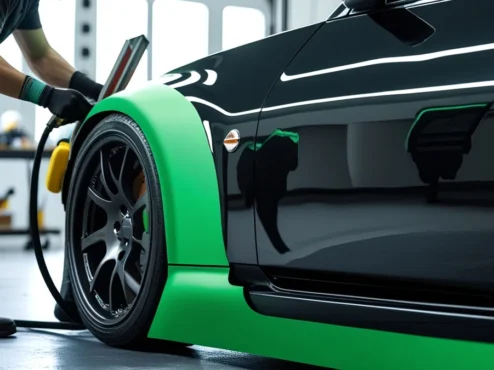 carro-esportivo-sendo-envelopado-por-profissional-em-oficina Profissional especializado aplicando cuidadosamente uma película de envelopamento automotivo de cor vibrante em um carro esportivo, mostrando o processo de transformação e customização do veículo.