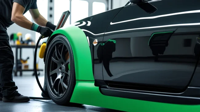 Profissional especializado aplicando cuidadosamente uma película de envelopamento automotivo de cor vibrante em um carro esportivo, mostrando o processo de transformação e customização do veículo.