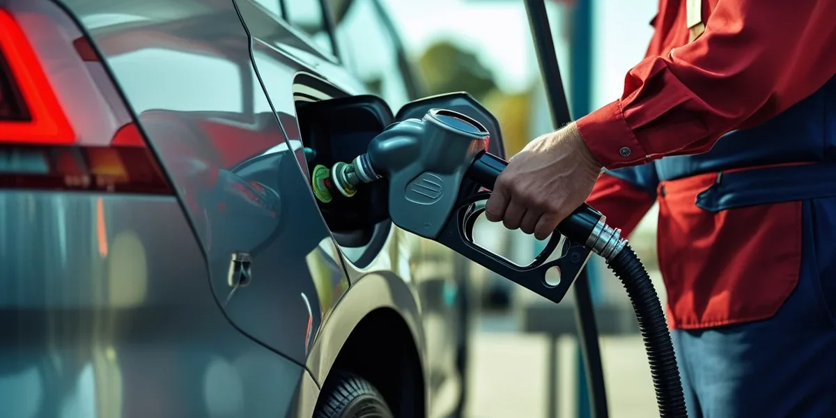 carro-flex-abastecendo-alcool-gasolina Motorista abastecendo um carro flex, escolhendo entre álcool e gasolina, em um posto de combustível, com foco na economia e eficiência.