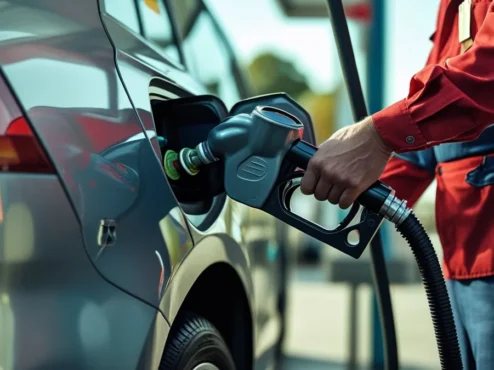 carro-flex-abastecendo-alcool-gasolina Motorista abastecendo um carro flex, escolhendo entre álcool e gasolina, em um posto de combustível, com foco na economia e eficiência.