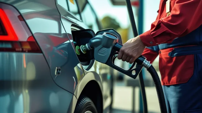 Motorista abastecendo um carro flex, escolhendo entre álcool e gasolina, em um posto de combustível, com foco na economia e eficiência.