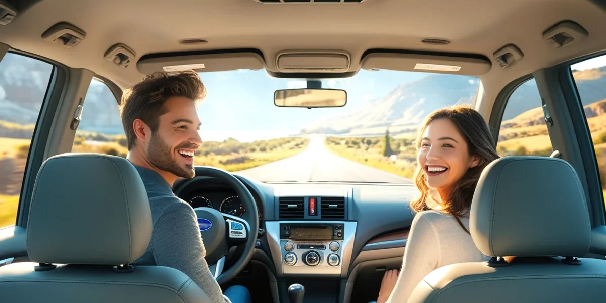 carro-na-estrada-ao-por-do-sol-com-foco-na-preparacao-para-viagem Imagem de um carro familiar viajando em uma estrada bonita e bem pavimentada durante o pôr do sol, transmitindo uma sensação de segurança e prazer, simbolizando um veículo bem preparado para uma viagem após seguir um checklist de revisão.