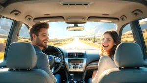 Imagem de um carro familiar viajando em uma estrada bonita e bem pavimentada durante o pôr do sol, transmitindo uma sensação de segurança e prazer, simbolizando um veículo bem preparado para uma viagem após seguir um checklist de revisão.
