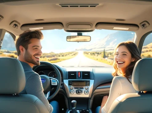 carro-na-estrada-ao-por-do-sol-com-foco-na-preparacao-para-viagem Imagem de um carro familiar viajando em uma estrada bonita e bem pavimentada durante o pôr do sol, transmitindo uma sensação de segurança e prazer, simbolizando um veículo bem preparado para uma viagem após seguir um checklist de revisão.