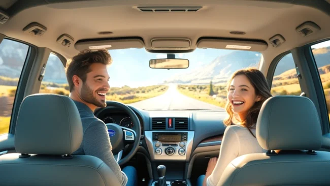 carro-na-estrada-ao-por-do-sol-com-foco-na-preparacao-para-viagem Imagem de um carro familiar viajando em uma estrada bonita e bem pavimentada durante o pôr do sol, transmitindo uma sensação de segurança e prazer, simbolizando um veículo bem preparado para uma viagem após seguir um checklist de revisão.