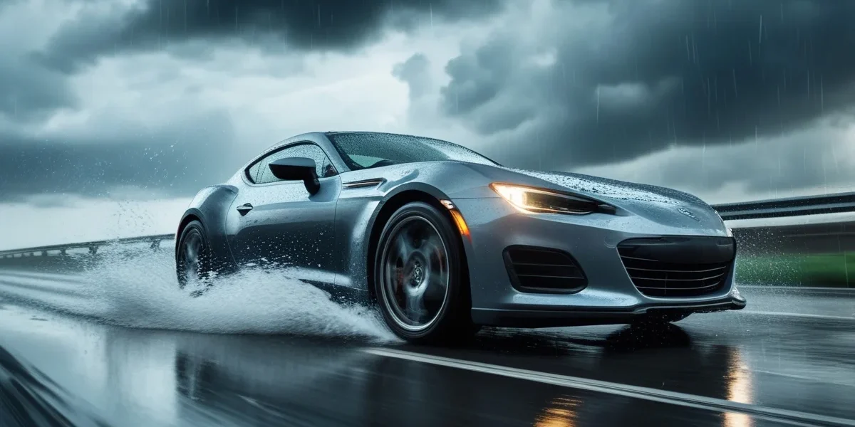 dirigir-chuva-seguranca-veicular Um carro dirigindo em uma estrada molhada sob chuva, com as luzes de freio acesas e sulcos de pneus visíveis na água, simbolizando a segurança e o controle ao volante em condições climáticas adversas.