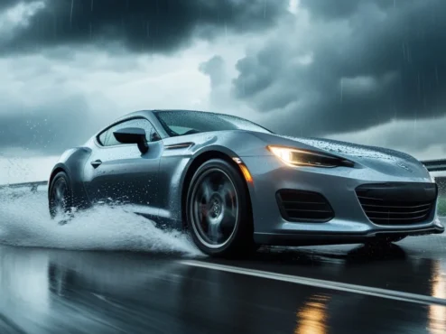 dirigir-chuva-seguranca-veicular Um carro dirigindo em uma estrada molhada sob chuva, com as luzes de freio acesas e sulcos de pneus visíveis na água, simbolizando a segurança e o controle ao volante em condições climáticas adversas.