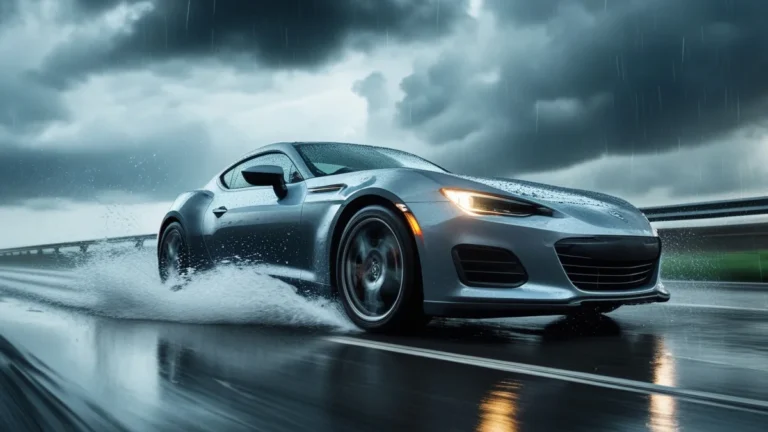 Um carro dirigindo em uma estrada molhada sob chuva, com as luzes de freio acesas e sulcos de pneus visíveis na água, simbolizando a segurança e o controle ao volante em condições climáticas adversas.