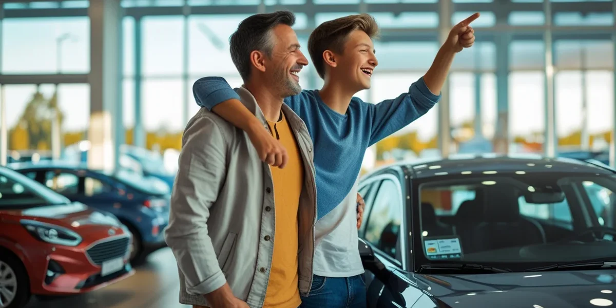 guia-completo-comprar-primeiro-carro Pai e filho indo fazer a compra do primeiro carro.