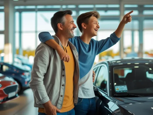 guia-completo-comprar-primeiro-carro Pai e filho indo fazer a compra do primeiro carro.