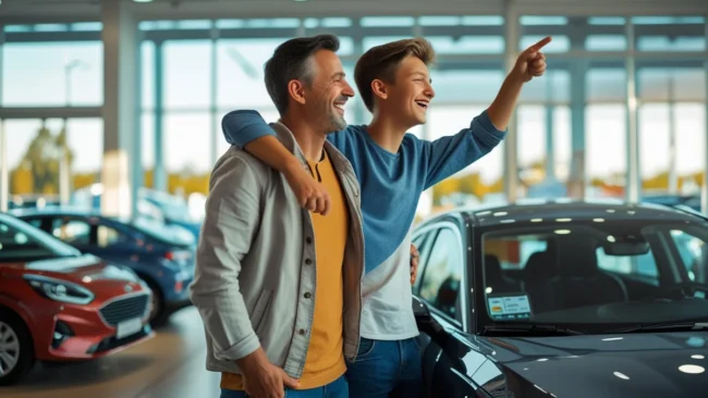 Pai e filho indo fazer a compra do primeiro carro.