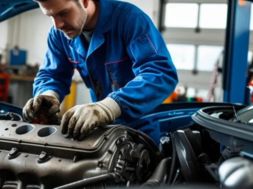 motor-de-carro-com-destaque-para-a-ecu Imagem de um motor de carro moderno em primeiro plano, com um destaque gráfico na Unidade de Controle Eletrônico (ECU) e sobreposições de gráficos de dinamômetro mostrando o aumento de torque e potência após a reprogramação automotiva