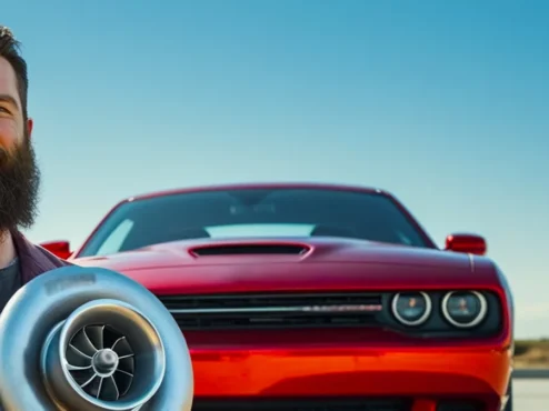 motor-preparacao-aspirada-vs-turbo Homem segurando um turbo em frente a seu carro.