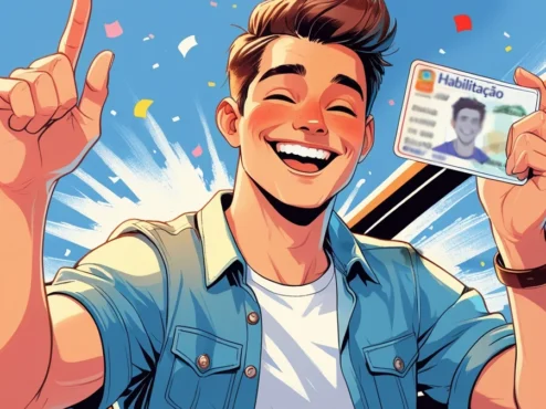 novas-regras-cnh-brasil Uma Carteira Nacional de Habilitação (CNH) brasileira em primeiro plano, com um fundo desfocado de uma estrada e um carro, simbolizando as novas regras de trânsito e seu impacto nos motoristas.