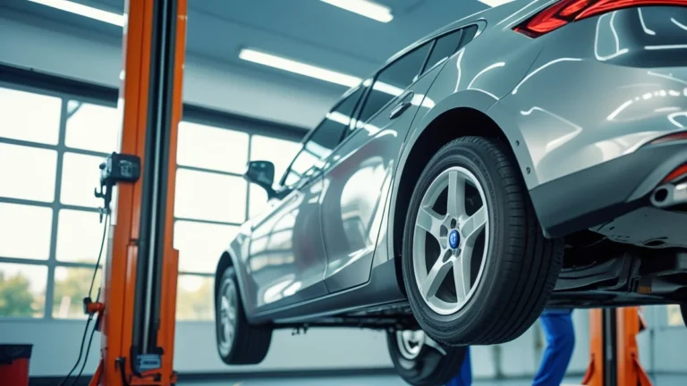 Mecânico automotivo com um estetoscópio automotivo, ouvindo o motor de um carro para identificar a origem de ruídos estranhos, ilustrando a detecção de problemas mecânicos.