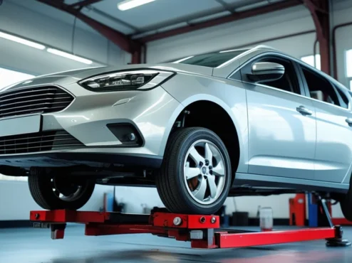 servicos-alinhamento-balanceamento-cambagem-carro Pneus e rodas de um carro sendo inspecionados em um centro automotivo, representando os serviços de alinhamento, balanceamento e cambagem, essenciais para a manutenção e segurança do veículo