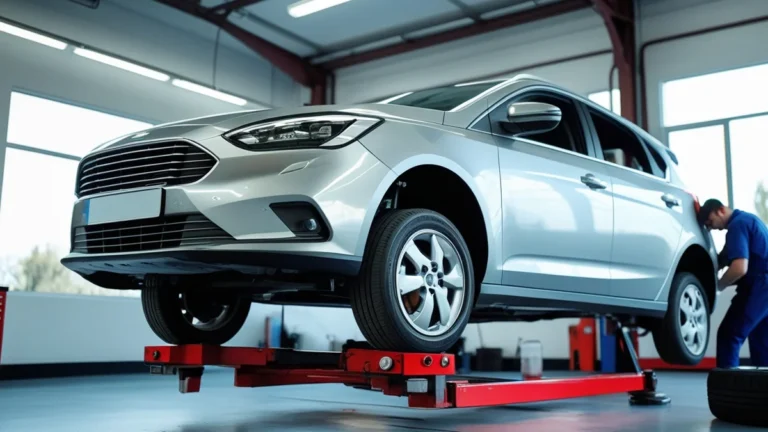 Pneus e rodas de um carro sendo inspecionados em um centro automotivo, representando os serviços de alinhamento, balanceamento e cambagem, essenciais para a manutenção e segurança do veículo
