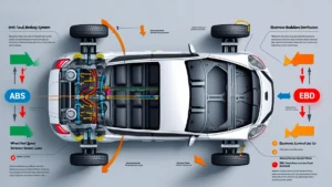 Infográfico mostrando o funcionamento dos freios ABS e EBD em um carro, com destaque para os sensores de roda e a unidade de controle eletrônico.