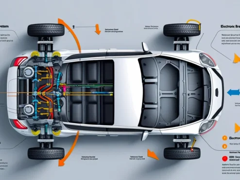 sistema-de-freio-com-abs-e-ebd Infográfico mostrando o funcionamento dos freios ABS e EBD em um carro, com destaque para os sensores de roda e a unidade de controle eletrônico.