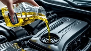 Mãos de um motorista verificando o nível do óleo do motor com a vareta de medição em um carro.