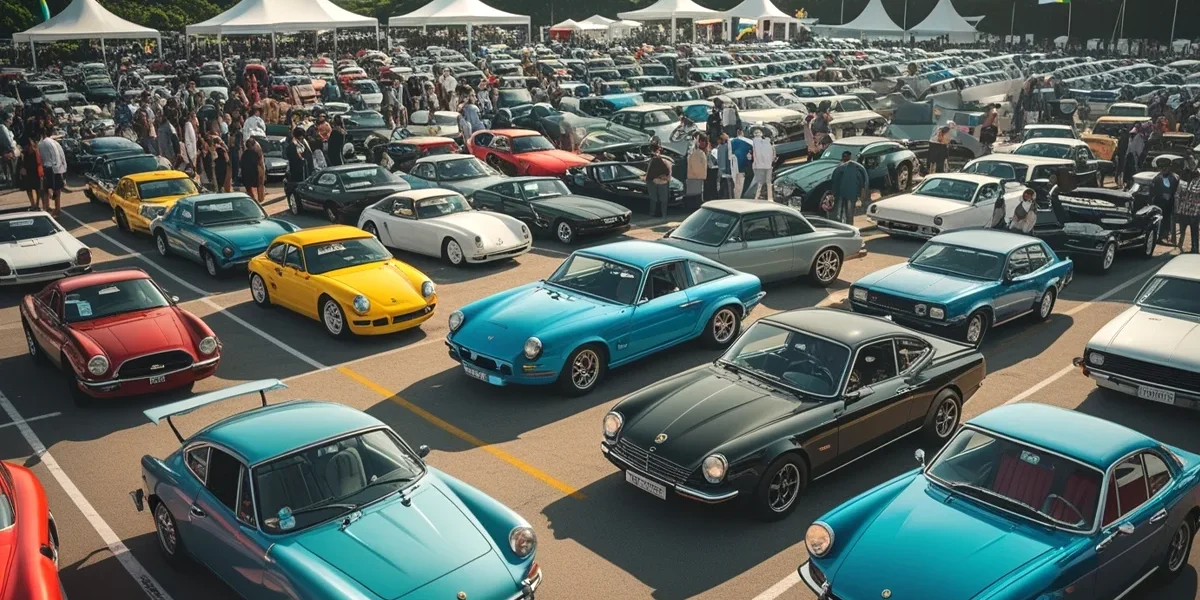 calendario-eventos-automotivos-carros-classicos Uma imagem panorâmica de um grande estacionamento com diversos carros clássicos e modificados de diferentes épocas, com pessoas ao redor admirando os veículos em um evento ao ar livre, simbolizando a diversidade dos eventos automotivos no Brasil.