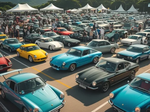 calendario-eventos-automotivos-carros-classicos Uma imagem panorâmica de um grande estacionamento com diversos carros clássicos e modificados de diferentes épocas, com pessoas ao redor admirando os veículos em um evento ao ar livre, simbolizando a diversidade dos eventos automotivos no Brasil.