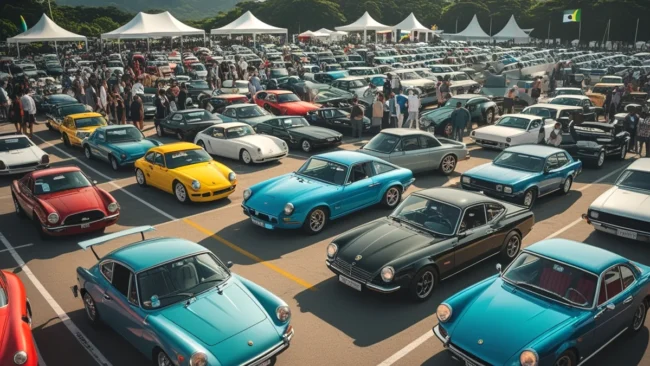 Uma imagem panorâmica de um grande estacionamento com diversos carros clássicos e modificados de diferentes épocas, com pessoas ao redor admirando os veículos em um evento ao ar livre, simbolizando a diversidade dos eventos automotivos no Brasil.