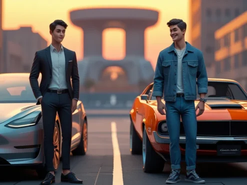 carros-hibridos-futuro-da-mobilidade Uma imagem vibrante de um carro híbrido moderno com detalhes em azul, sugerindo tecnologia limpa, rodando silenciosamente em uma estrada urbana ao pôr do sol.