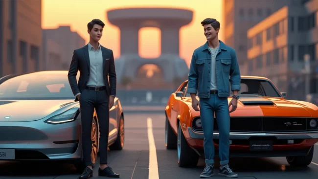 carros-hibridos-futuro-da-mobilidade Uma imagem vibrante de um carro híbrido moderno com detalhes em azul, sugerindo tecnologia limpa, rodando silenciosamente em uma estrada urbana ao pôr do sol.