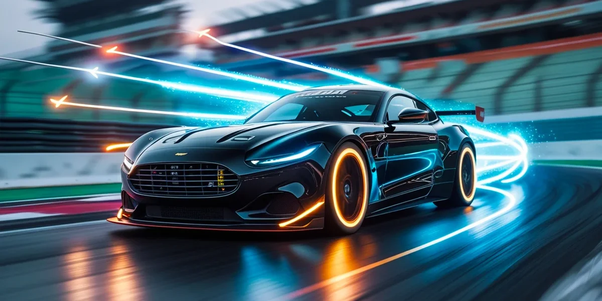 chip-de-potencia-remapeamento-motor Um carro esportivo preto em uma pista, com setas de luz em direção ao motor, simbolizando o remapeamento da ECU e o ganho de potência.