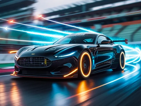 chip-de-potencia-remapeamento-motor Um carro esportivo preto em uma pista, com setas de luz em direção ao motor, simbolizando o remapeamento da ECU e o ganho de potência.