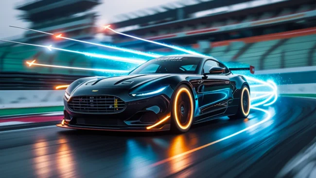 Um carro esportivo preto em uma pista, com setas de luz em direção ao motor, simbolizando o remapeamento da ECU e o ganho de potência.