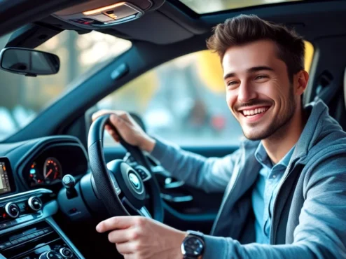 gadgets-essenciais-para-carros Uma imagem vibrante de vários gadgets automotivos, como uma câmera de painel, um carregador USB, um suporte para celular e um scanner OBD-II, dispostos sobre o painel de um carro moderno.